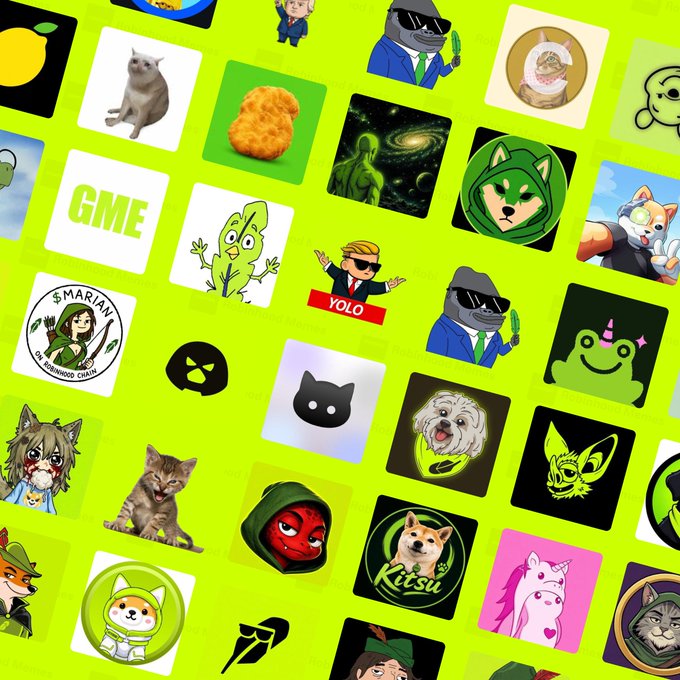 A vibrant neon green grid featuring various meme-style icons—including cats, dogs, a corn cob, and avatars—paired with ticker logos like $GME, $MARIAN, $YOLO, and $KITSU, directly illustrating the diverse collection of Robinhood memecoins listed in the post for readers to vote on.