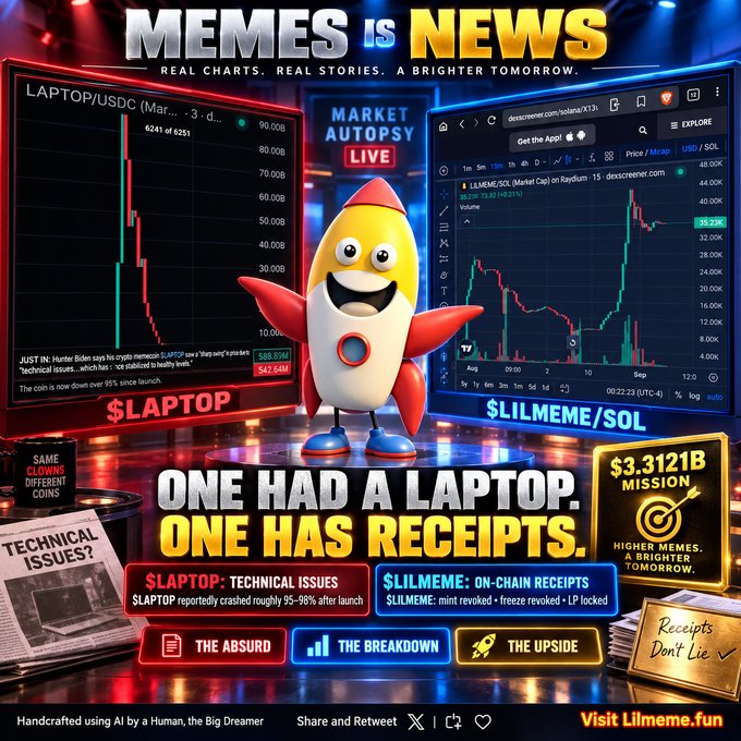A promotional graphic titled 'MEMES IS NEWS' compares crypto tokens '$LAPTOP' and '$LILMEME/SOL' with charts, stating 'ONE HAD A LAPTOP, ONE HAS RECEIPTS.' and mentioning $3.3121B mission.