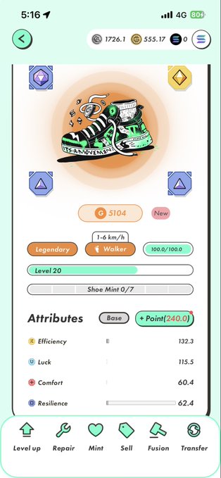 The image shows a phone screen displaying an app's user interface, likely for a shoe shopping or reviewing app. The main focus of the image is a pair of shoes with green and black colors, which are displayed prominently on the screen. The background color appears to be white, providing contrast against the shoes' vibrant hues. The app has several options available, including enhancing the quality of the photo by adjusting the brightness or adding filters. There's also an option for the user to rate the photo out of 5 stars.