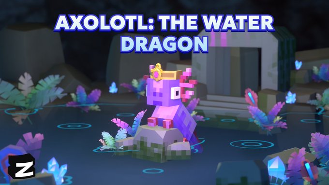 A video game screenshot titled "AXOLOTL: THE WATER DRAGON" showing a pixelated purple axolotl character wearing a crown, sitting on a rock in a stylized aquatic environment with crystals.