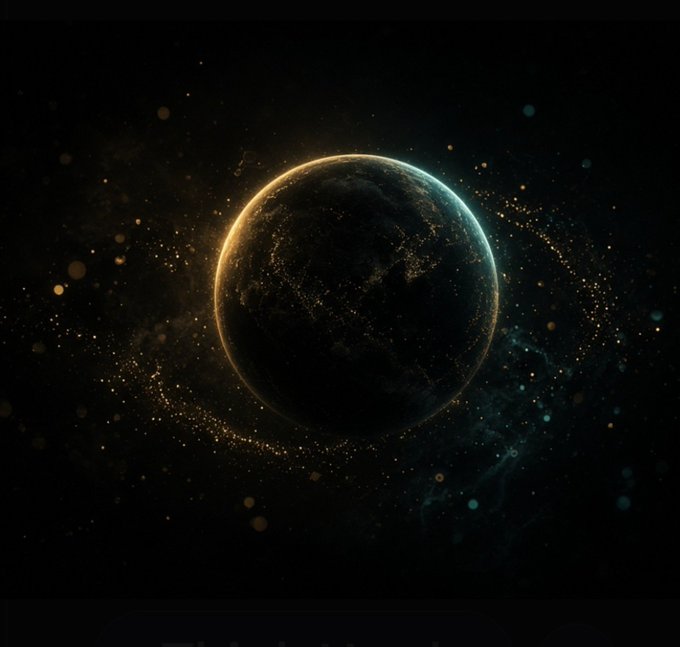 A dark artistic rendering of a planet in space surrounded by a glowing golden ring of particles and stars.