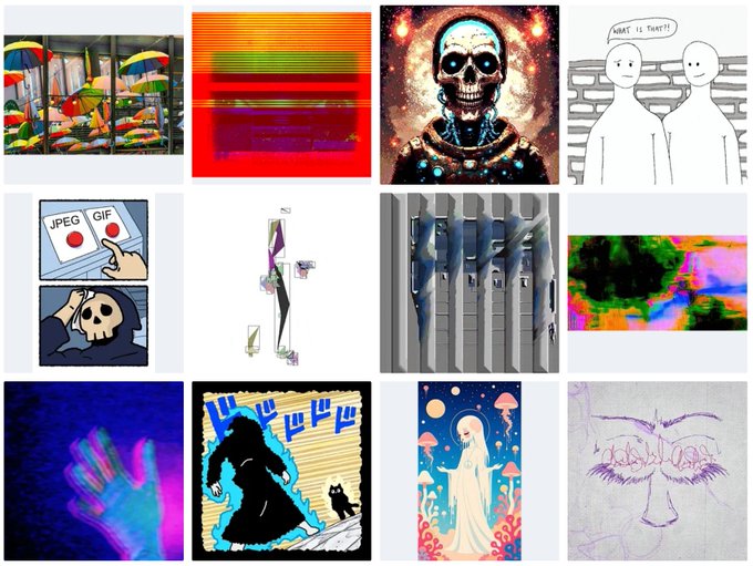 A collage of twelve diverse images including abstract art, a skull illustration, a comic strip with text 'WANT IS THERE?!', a JPEG vs GIF illustration, and various other artistic and digital designs.