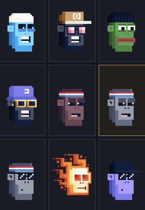 A collection of pixel-art character portraits arranged in a grid, featuring various skin colors (blue, green, gray, orange-flame) and headwear like caps and headbands, with one character highlighted by an orange border. The image appears to showcase the variety of NFT avatars from the BITFOOTS collection, which the post describes as hidden creatures built within the blockchain.
