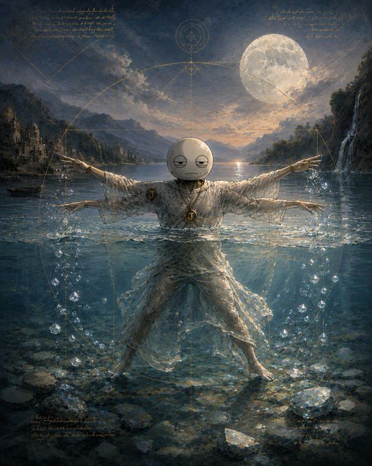 A surreal fantasy illustration depicting a figure in white robes with multiple arms in a Vitruvian Man pose, standing in water under a full moon, featuring a stylized mask-like face and geometric sacred symbols.