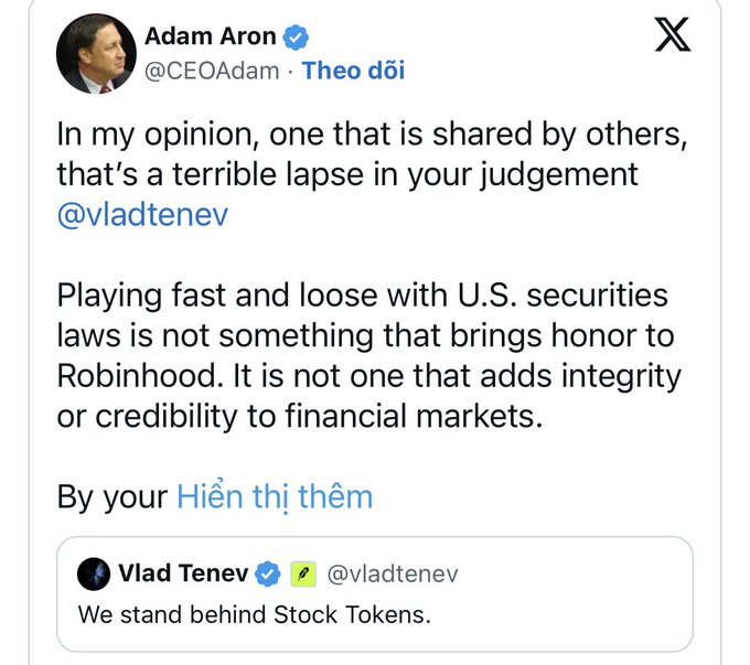 A screenshot of an X post from Adam Aron (@CEOAdam) criticizing "terrible lapse in judgement @vladtenev" for "Playing fast and loose with U.S. securities laws," quoting Vlad Tenev's defense of "Stock Tokens."