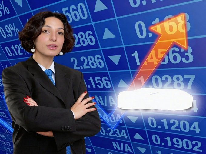 A confident-looking woman in a business suit with arms crossed stands in front of a blue background featuring stock market numbers and a glowing orange upward-pointing arrow, with a blank white sign at the bottom.