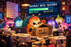 A vibrant illustration of cartoon characters in a library or study setting, with a banner reading 'UNVAULT BETA TESTERS' showing '85% FILLED' and '93% ALL-TIME', and a box labeled 'BOX OF REWARDS'.