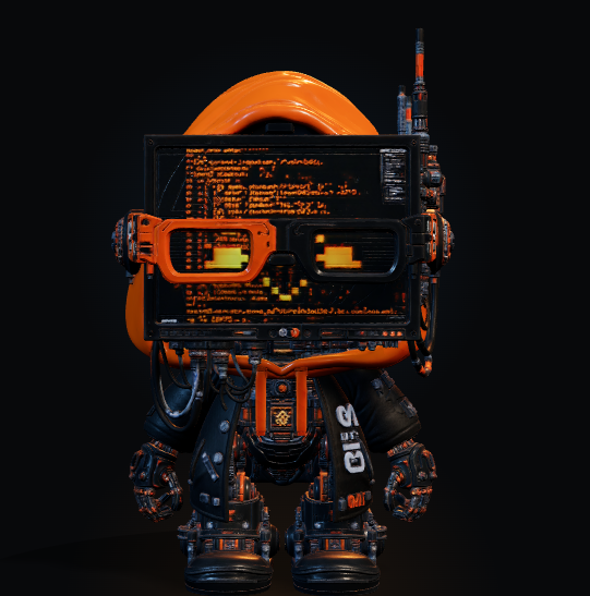 A 3D render of a stylized character featuring an orange helmet, orange shutter-shade glasses, and a screen displaying code on its head against a black background.