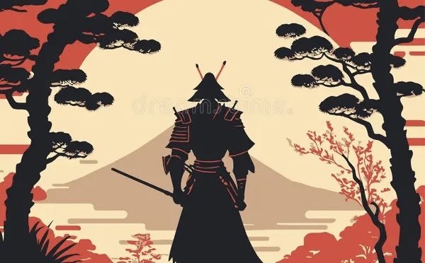 A silhouette of a samurai wearing traditional armor and a horned helmet stands with a sword drawn, facing a stylized Mount Fuji at sunset framed by pine trees and a red sun.