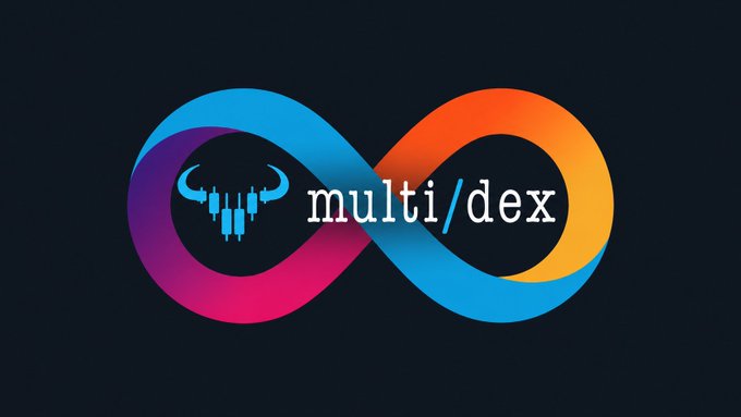 A colorful infinity-loop logo for "multi/dex" on a dark background, featuring a stylized bull's head made of dripping lines inside one of the loops.