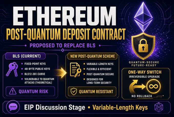 A graphic about 'ETHEREUM POST-QUANTUM DEPOSIT CONTRACT' proposing to replace BLS with a new post-quantum scheme featuring variable-length keys, currently in EIP Discussion Stage.