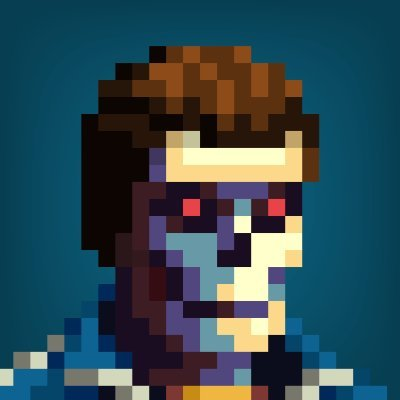 The image is a pixel art portrait of a zombie-like figure with glowing red eyes, brown hair, and tattered blue clothing, evoking a classic undead NFT character. It relates to the post as a visual representation of the "Genuinely Undead" NFT collection, highlighting the welcoming undead community being celebrated.