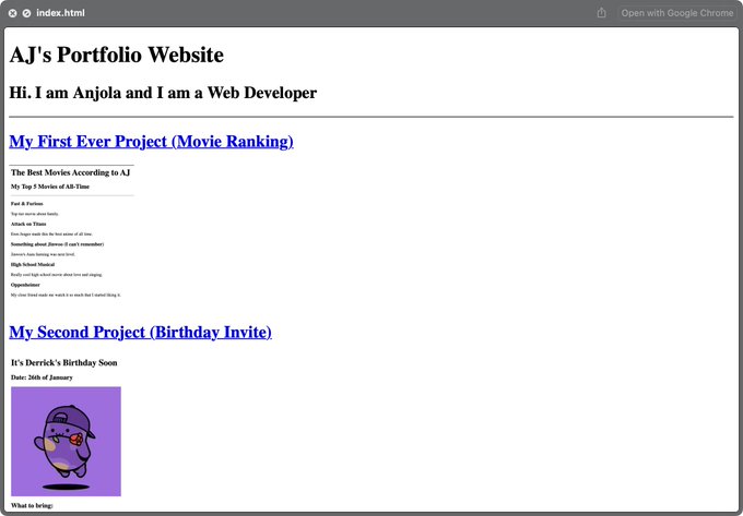 A screenshot of a basic HTML webpage titled "AJ's Portfolio Website" featuring an introduction by Anjola as a web developer, with two simple projects listed—"My First Ever Project (Movie Ranking)" showing a list of favorite movies like Fast & Furious and Attack on Titans, and "My Second Project (Birthday Invite)" for Derrick's birthday on January 26th with a cartoon bird image. This minimal, text-heavy layout with unstyled formatting serves as a nostalgic representation of an early beginner portfolio, contrasting with a more polished current version implied by the post.