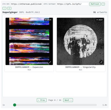 A screenshot of an NFT marketplace page showing two artworks titled 'DOPPELGANGER - Expansion #11' and 'DOPPELGANGER - Singularity #11' under the profile 'Doppelganger'.