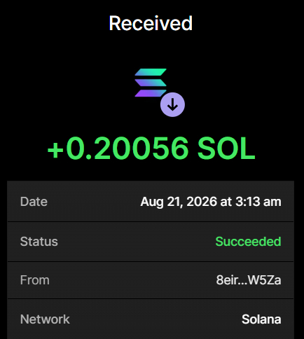 A confirmation screen showing a successful receipt of "+0.20056 SOL" on the Solana network, dated Aug 21, 2026 at 3:13 am, from address "8eir...W5Za," which serves as proof of the 0.2 SOL payment sent to purchase 6.02 million $BULLPURR tokens.