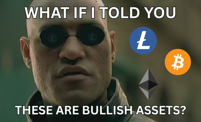 A meme featuring Morpheus from The Matrix with the text 'WHAT IF I TOLD YOU THESE ARE BULLISH ASSETS?' alongside icons for Litecoin, Bitcoin, and Ethereum.