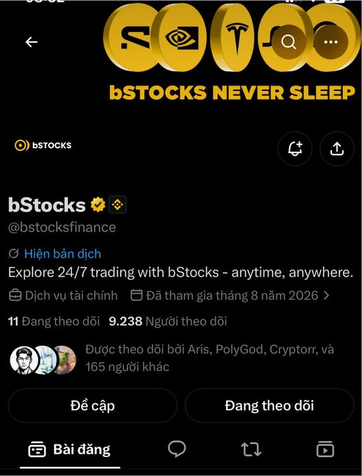 Twitter/X profile page for 'bStocks' (@bstocksfinance) with a bio reading 'Explore 24/7 trading with bStocks - anytime, anywhere.', showing 9,238 followers and a banner with 'bSTOCKS NEVER SLEEP' alongside gold coin logos.