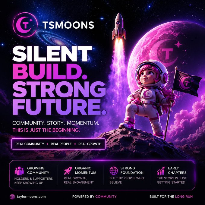 A promotional graphic for 'TSMOONS' featuring a pink-haired astronaut on a moon, with bold text reading 'SILENT BUILD. STRONG FUTURE.'