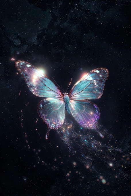 The image features a digital illustration of a butterfly with blue wings, set against a dark background that resembles outer space or a starry night sky. The butterfly appears to be floating in mid-air, surrounded by small particles or stars scattered throughout the scene. The image is accompanied by text that reads "Quantum Echoes" and "Open edition mint is live and completely free".