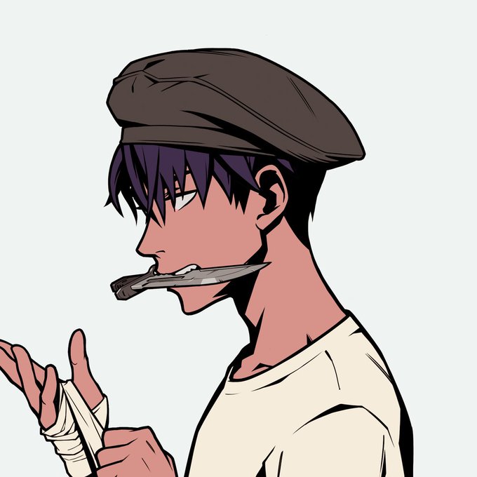 The image features a man with short hair wearing a hat, holding a knife in his mouth. The background of the image is white, which contrasts with the dark colors of the man's attire and the knife he holds. There are no other objects or texts present in the image.