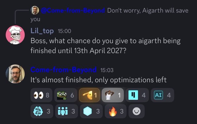 A Discord screenshot shows "Lil_top" asking about the completion of Aigarth by April 13, 2027, with "Come-from-Beyond" responding that it's almost finished with only optimizations left, with the accompanying post hinting at an imminent Aigarth release tied to $QUBIC.
