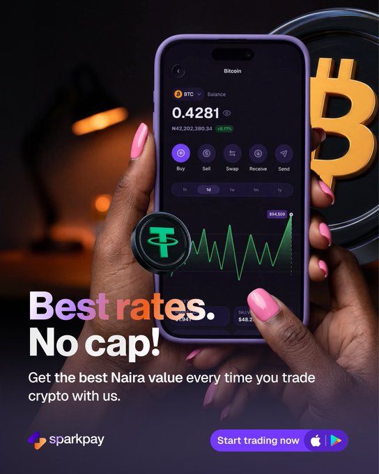 The image features two hands holding a cellphone, with an overlay advertisement promoting Bitcoin trading. The text overlaying the phone display indicates that best rates can be achieved through trading Bitcoins, without caps! The poster encourages people to start investing in Bitcoin right away for maximum potential gains, stating "@SparkPayNg".