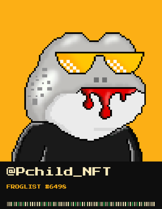 A pixel art NFT of a grey frog-like character wearing orange checkerboard sunglasses with blood dripping from its mouth against an orange background, labeled '@Pchild_NFT' and 'FROGLIST #6498'.