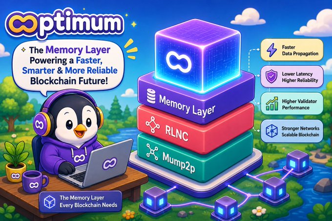 A colorful promotional graphic for Optimum, a 'Memory Layer Powering a Faster, Smarter & More Reliable Blockchain Future,' featuring a penguin mascot in headphones and a layered stack showing Memory Layer, RLNC, and Mump2p with benefits like faster data propagation and lower latency.