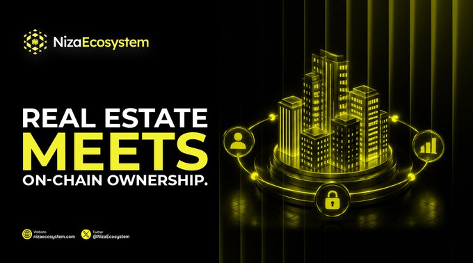 A promotional graphic for 'Niza Ecosystem' with the text 'REAL ESTATE MEETS ON-CHAIN OWNERSHIP', featuring a glowing 3D rendering of golden city buildings.