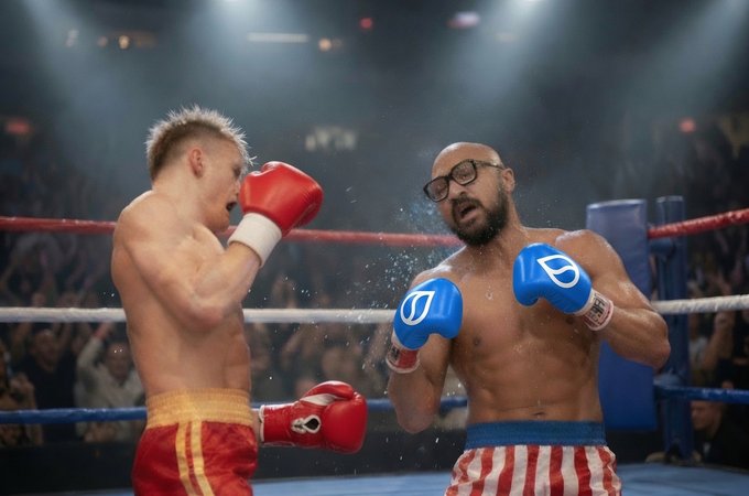 Two shirtless boxers wearing red and blue gloves face off in a boxing ring, with the boxer in blue appearing to take a hit as sweat sprays from his face.