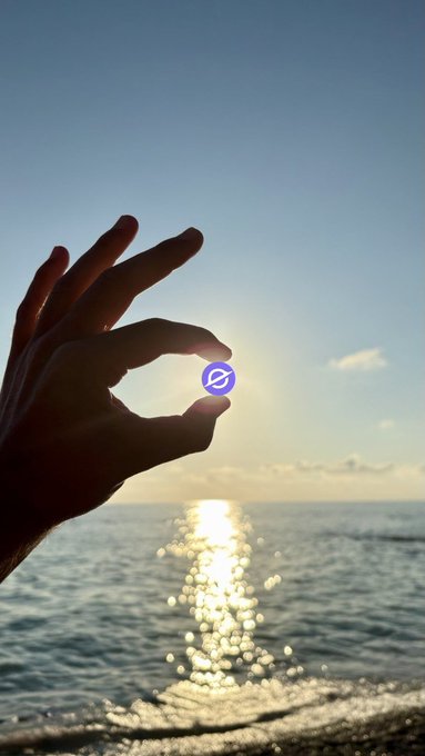 A silhouetted hand pinches a small purple circular token with a white symbol, holding it against the bright sun reflecting over the ocean.