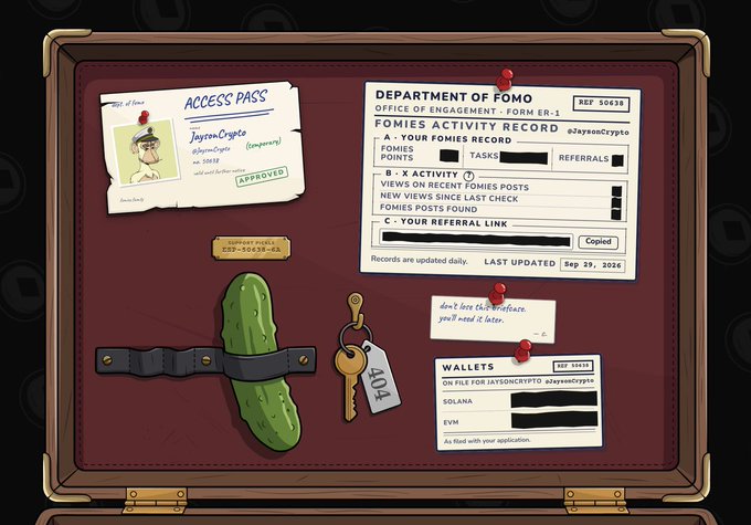 Illustrated briefcase with Fomies Department of Fomo access pass for 'JaysonCrypto', referral link '404', key to 404, cactus, and Solana wallets wallet