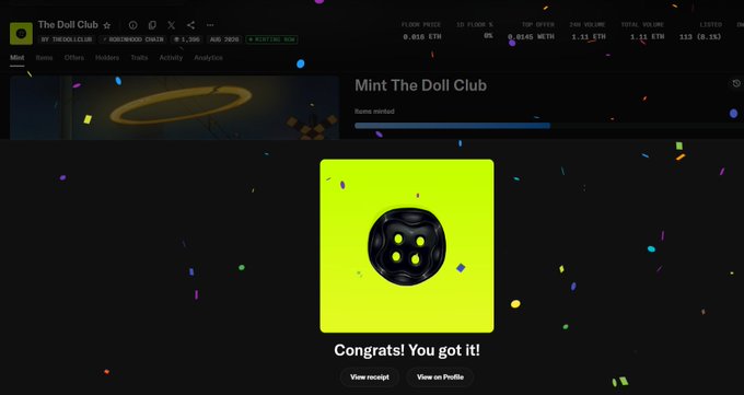 A screenshot of the OpenSea NFT marketplace showing a successful mint of 'The Doll Club' NFT, with 'Congrats! You got it!' displayed and floor price listed as 0.018 ETH.
