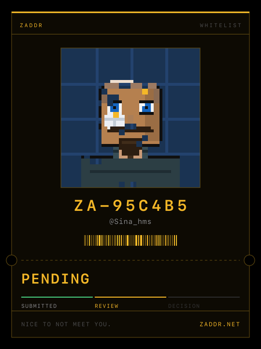 A digital 'ZADDR' card with a yellow and black theme featuring a pixel art portrait, the ID 'ZA-95C4B5', username '@Sina_hms', a barcode, and a 'PENDING' status under the 'REVIEW' phase with the text 'NICE TO NOT MEET YOU.'