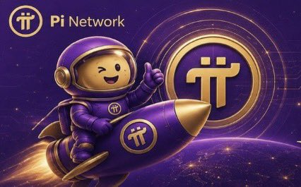 A promotional graphic for Pi Network featuring a cartoon astronaut riding a purple rocket with the Pi logo, set against a cosmic background.