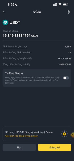 A Vietnamese crypto wallet app screen showing a USDT balance of approximately 19.85 USDT, with APR details (1.55% real-time, 3% annual), daily earnings of 0.304 USDT, and a toggle for auto-subscription.