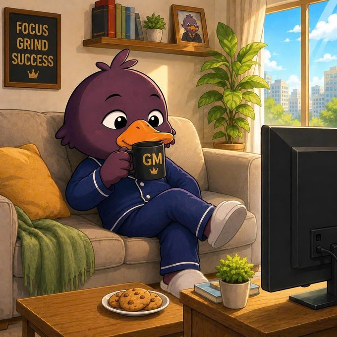 An animated purple duck character in blue pajamas sits on a couch drinking from a 'GM' mug while watching TV, with a 'FOCUS GRIND SUCCESS' framed sign on the wall behind.
