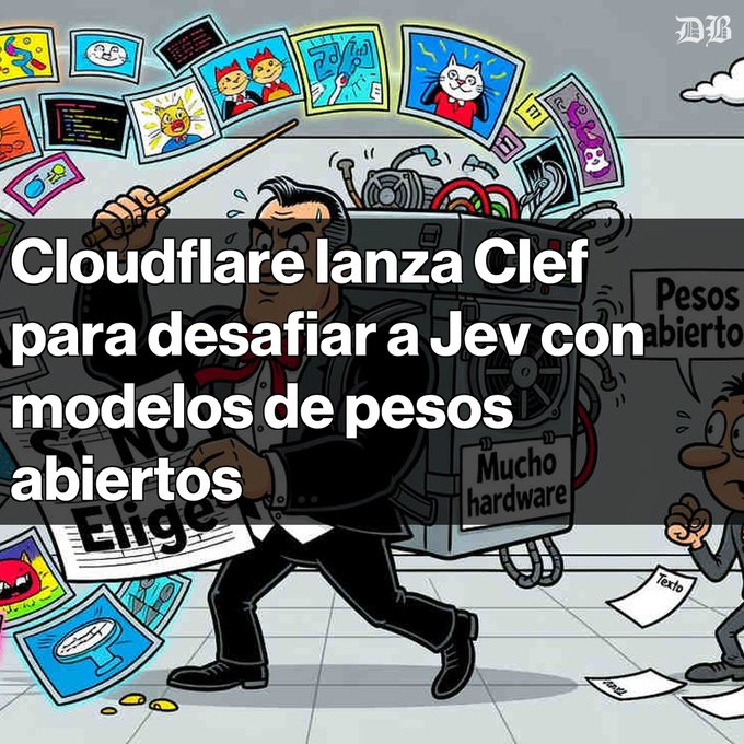 A cartoon illustration with text overlay: 'Cloudflare lanza Clef para desafiar a Jev con modelos de pesos abiertos', showing a man carrying hardware with labels like 'Mucho hardware' and 'Pesos abierto'.