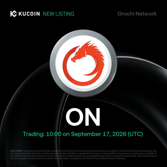 The image is a KuCoin new listing announcement for Orochi Network (ticker: $ON), featuring its red dragon logo and noting that trading begins at 10:00 UTC on September 17, 2026. The design supports the post's announcement of $ON being live on KuCoin, with the platform's branding highlighting the token as a new addition for trading.