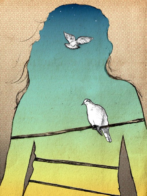 A stylized illustration of a white dove perched on a wire, with another dove flying above, framed by a silhouette filled with a gradient blue-green-yellow background resembling a sky.