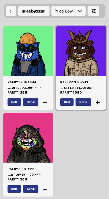 The image shows an XRP NFT marketplace listing for "sraebyzzuF" (Fuzzy) sorted by lowest price, featuring three NFTs: RARITY 288 and 1080 priced at 737,991 XRP and 614,991 XRP respectively, and a RARITY 205 token with a 1,400 XRP offer, illustrating the significant trading volume and high-value transactions referenced in the post about over 100k XRP in private trades in the past 30 days.