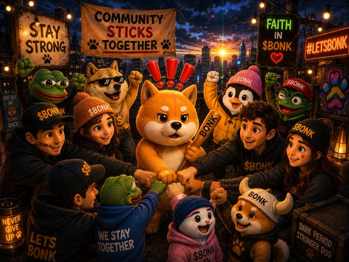 An AI-generated community illustration featuring cartoon dogs, frogs, and humans wearing $BONK merchandise, with banners reading 'STAY STRONG', 'COMMUNITY STICKS TOGETHER', 'FAITH IN $BONK', and '#LETSBONK'.