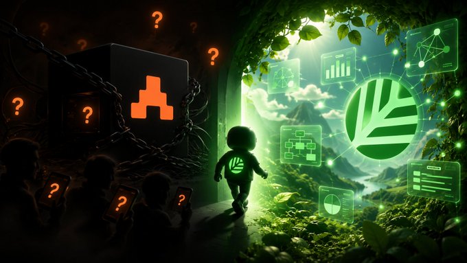 A figure walks from a dark, shadowy space filled with question marks and chained, mysterious servers toward a bright, open digital landscape featuring the ARCTERMINAL and CNPY Network logos alongside data visualizations. The image visually contrasts blind trust in unknown AI systems with the transparency offered by explainable intelligence and sovereign blockchain infrastructure.