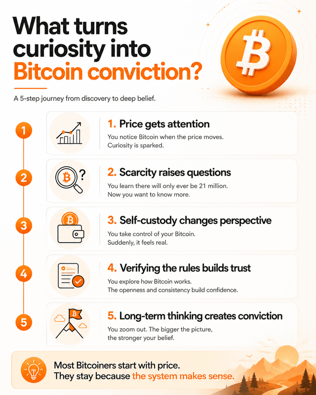 The image shows a step-by-step guide or infographic about Bitcoin Conviction, which is related to curiosity. It suggests that most people who start with Bitcoin usually stay because of its system's sense. The infographic provides information about the five steps one should take to understand and believe in Bitcoin Conviction.