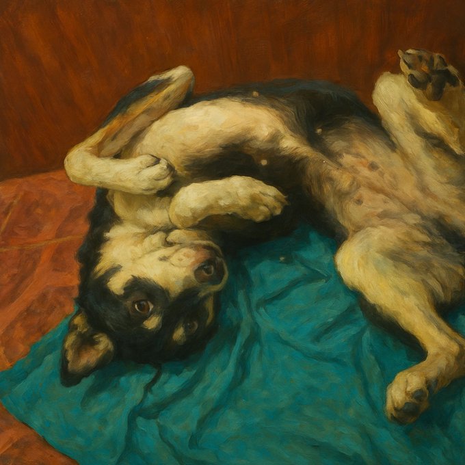 The image features a black and tan dog laying down on its back, with its head resting on a blue blanket or cloth. The dog appears relaxed and comfortable as it lays on the surface. The background of the painting is an orange wall, which contrasts nicely with the dark fur of the dog. The artist has also included some text in the image that reads "His my best friend since I was grade school my buddy past away last March I hope some collector might be interested I name this nft xrp.cafe/nft/00080000A9".