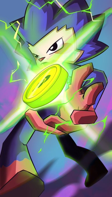 A digital illustration of an animated character with green spiky hair wielding a glowing yellow energy disc with green lightning effects.