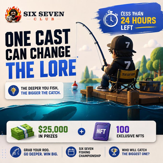 A promotional graphic for the "SIX SEVEN CLUB" featuring a character fishing, with the text "ONE CAST CAN CHANGE THE LORE," "LESS THAN 24 HOURS LEFT," "$25,000 IN PRIZES," and "100 EXCLUSIVE NFTS."