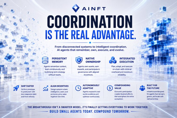 An AINFT promotional infographic titled 'COORDINATION IS THE REAL ADVANTAGE,' highlighting AI agent features like Persistent Memory, Native Ownership, and Integrated Execution.