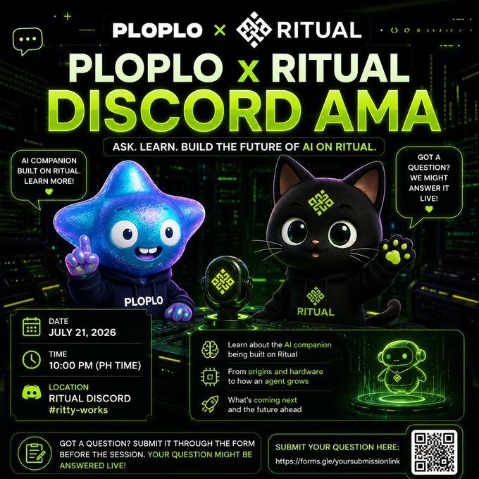 A promotional flyer for a 'PLOPLO x RITUAL DISCORD AMA' event scheduled for July 21, 2026, at 10:00 PM PH Time, featuring cartoon mascot characters 'PLOPLO' and 'RITUAL' with a QR code for submissions.