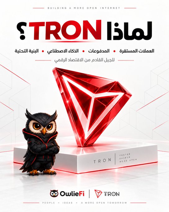 The image is a promotional graphic for TRON cryptocurrency, featuring the iconic red TRON diamond logo on a pedestal alongside a stylized black owl mascot representing Owliefi. Arabic text at the top asks "لماذا TRON؟" (Why TRON?) and highlights key pillars: stablecoins, payments, AI, and blockchain infrastructure, while the tagline "FASTER • FAIRER • MORE OPEN" and "BUILDING A MORE OPEN INTERNET" reinforce the message about TRON's expanding role in the digital economy—visually supporting the post's argument that TRON is more than just a blockchain but a growing ecosystem connecting stablecoins, payments, AI, and infrastructure across the digital economy.